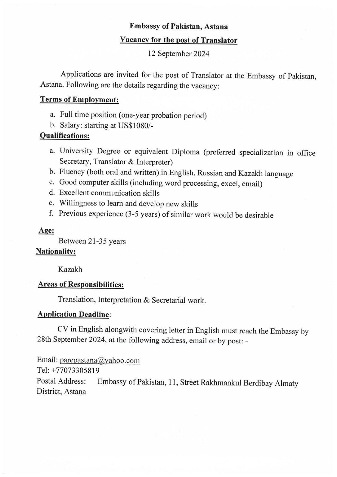 Embassy of Pakistan, Astana Vacancy for the post of Translator