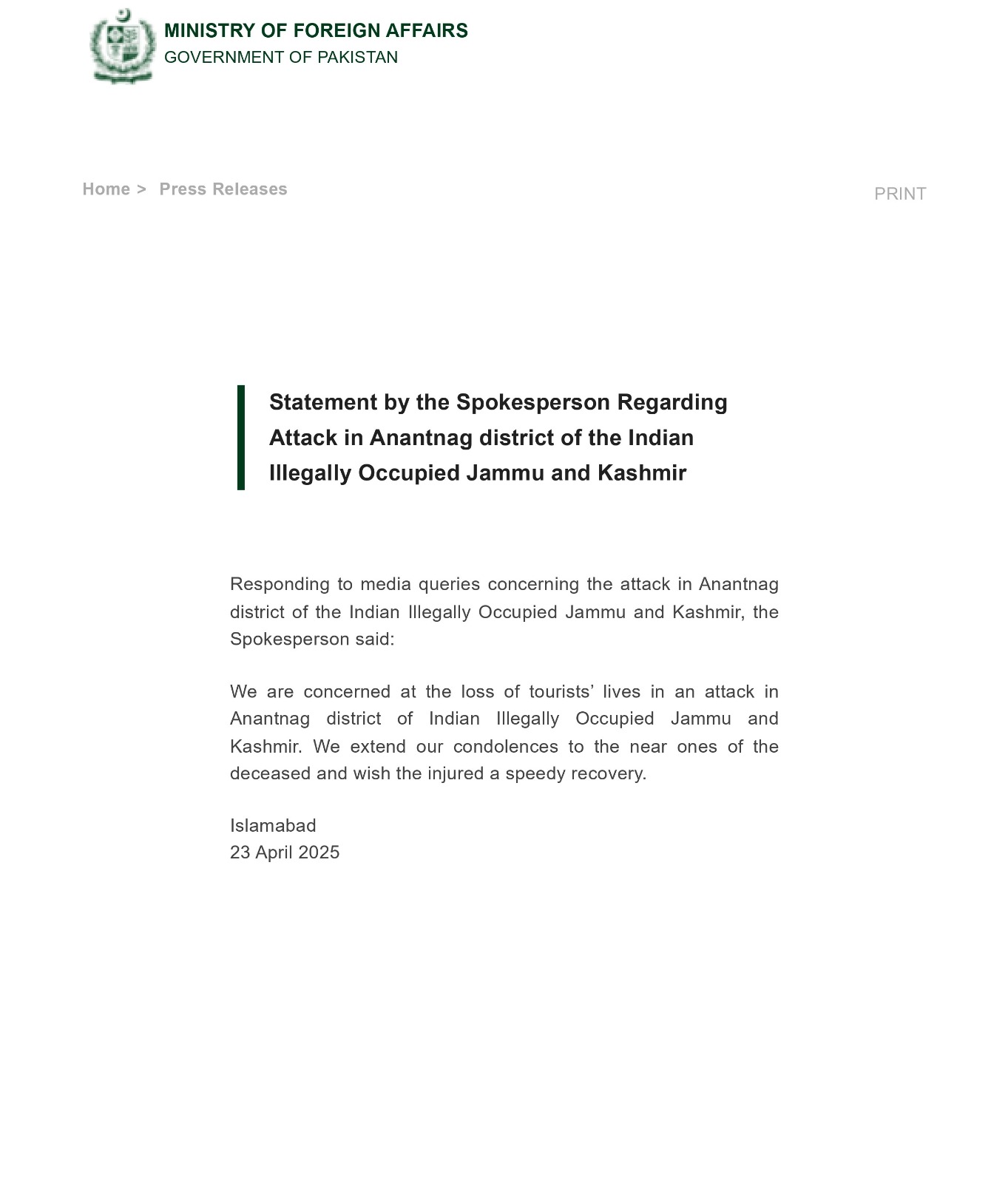 Statement by the Spokesperson Regarding Attack in Anantnag district of the Indian Illegally Occupied Jammu and Kashmir